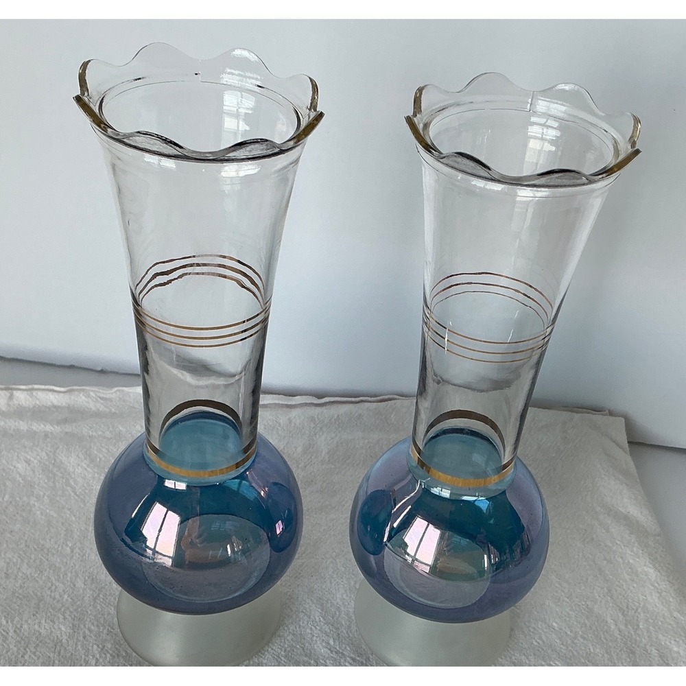 Vintage Bartlett Collin's Vase Pair Iridescent Blue Gold Trim Ruffled Rim 10.5in